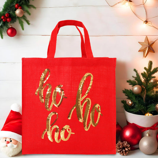 RED “HO HO HO” SEQUIN CHRISTMAS TOTE BAG - PACK OF 2