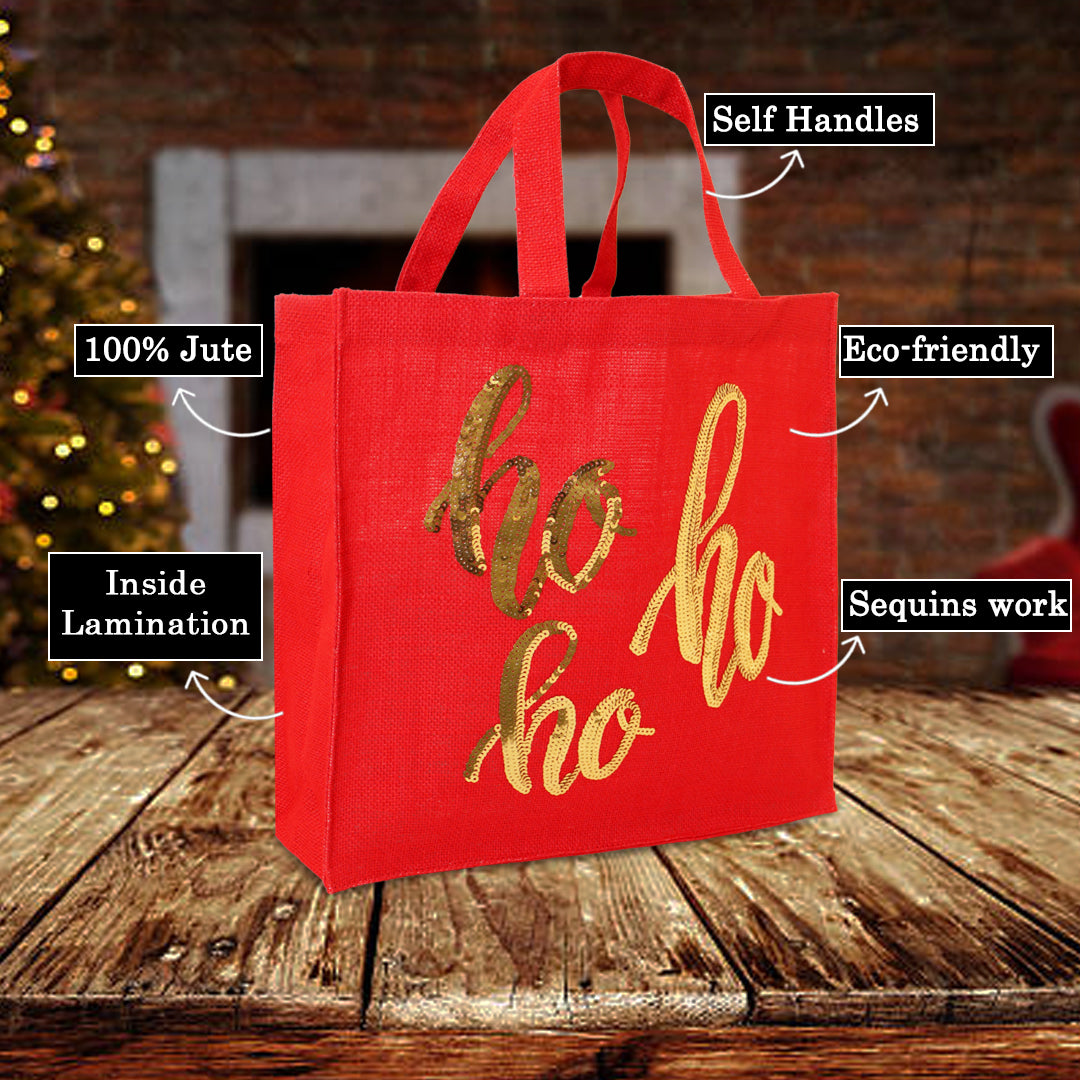 RED “HO HO HO” SEQUIN CHRISTMAS TOTE BAG - PACK OF 2
