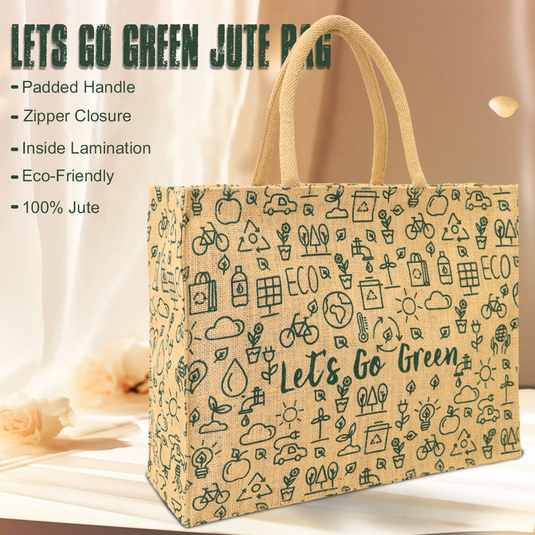 LETS GO GREEN JUTE BAG WITH ZIPPER