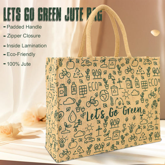 LETS GO GREEN JUTE BAG WITH ZIPPER
