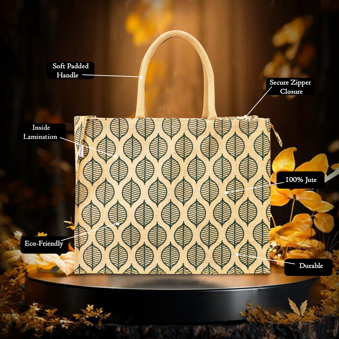 LEAVES STYLE: VERDANT JUTE BAG WITH ZIPPER