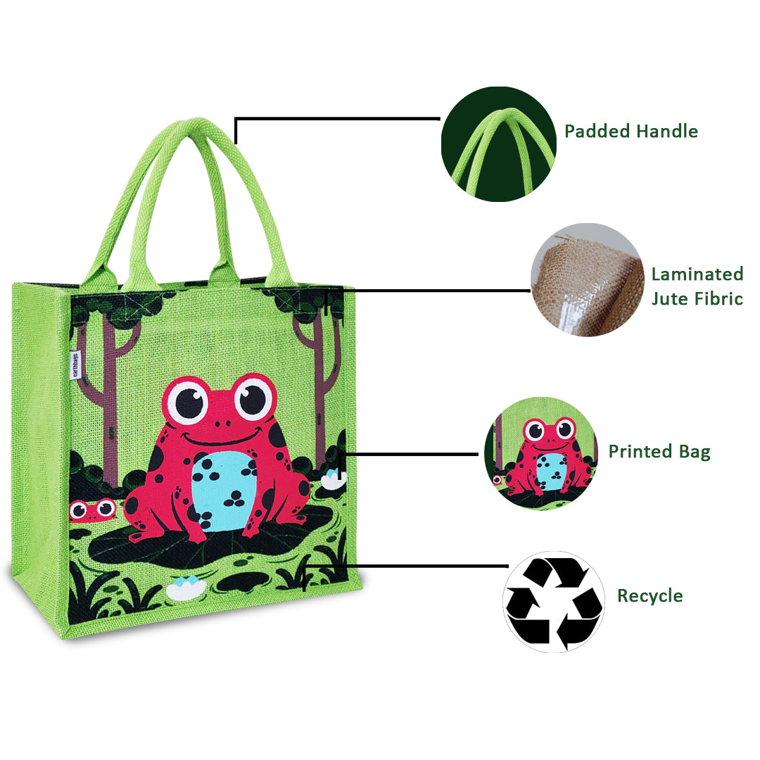 WHIMSICAL FROG PRINT JUTE BAG