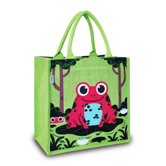 WHIMSICAL FROG PRINT JUTE BAG