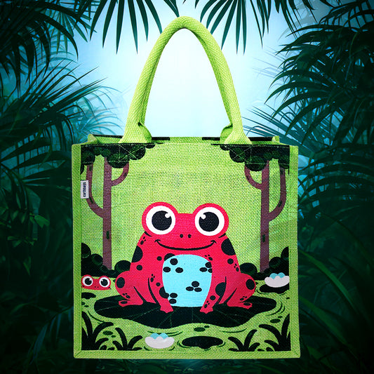 WHIMSICAL FROG PRINT JUTE BAG