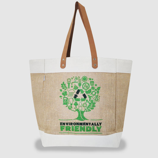 EARTHBAGS PRINTED JUTE TOTE WITH LEATHER HANDLE