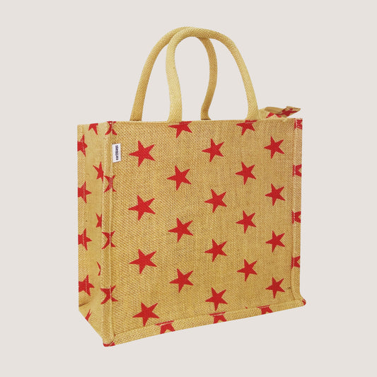 EARTHBAGS RED STAR LUNCH BAG IN BEIGE & RED WITH ZIPPER