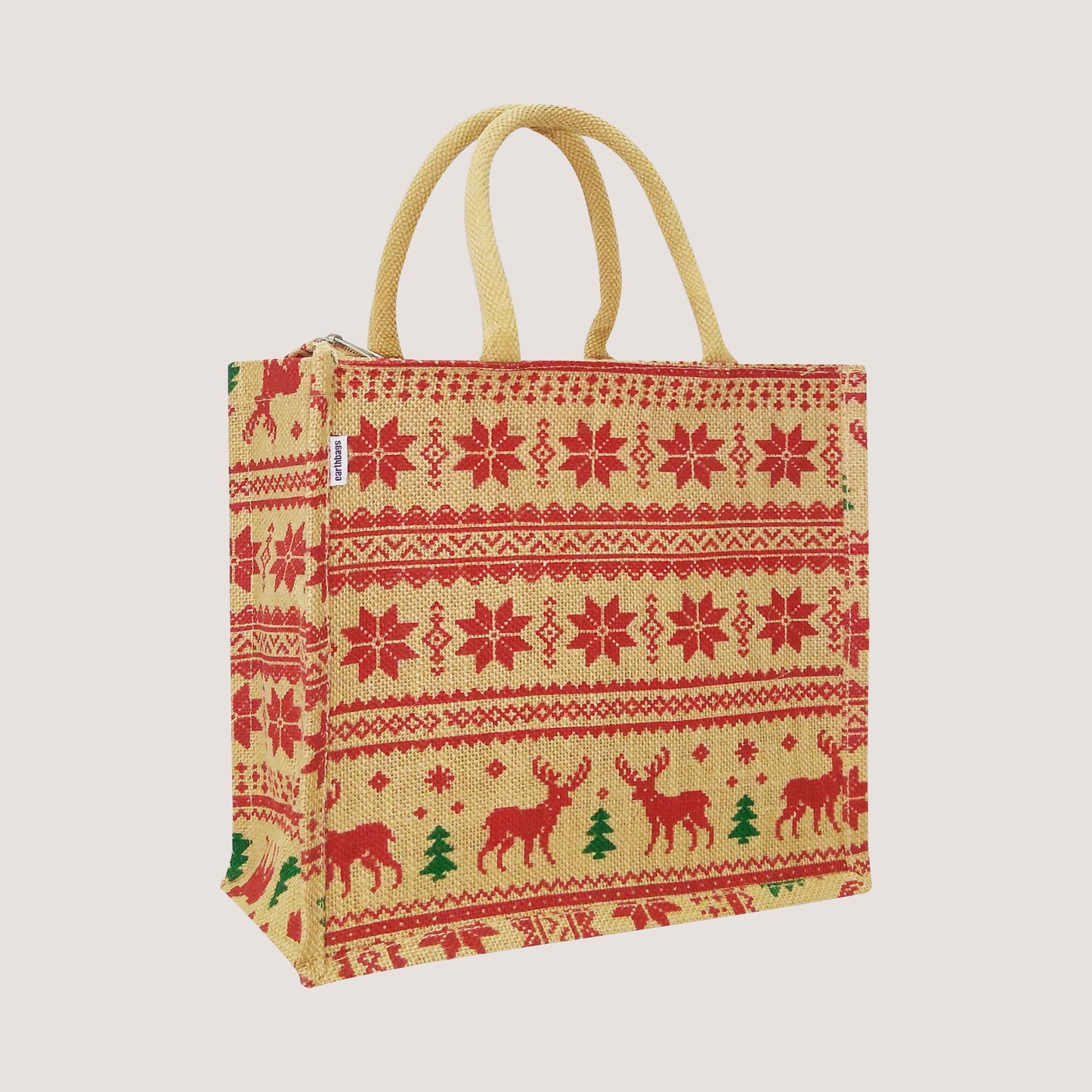 EARTHBAGS WINTER WONDERLAND LUNCH BAG IN BEIGE & RED WITH ZIPPER