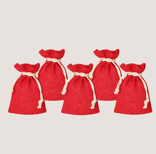 EARTHBAGS VIBRANT JUTE POTLI IN RED COLOR WITH DRAWSTRING - PACK OF 5(7″ x 5″)
