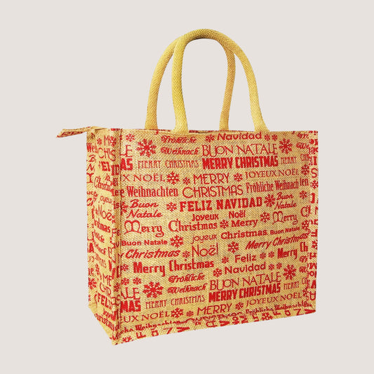 EARTHBAGS PRINTED JUTE LUNCH BAG IN RED & BEIGE WITH ZIPPER